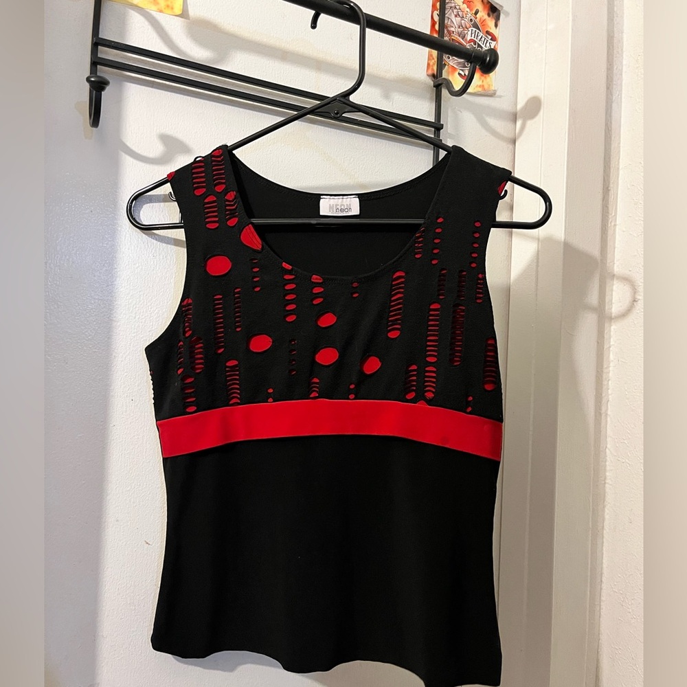 Neon- size M- no tag- stretch black sleeveless top w/ holes/red bodice. GUC.